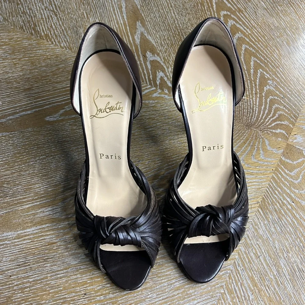 CHRISTIAN LOUBOUTIN Brown Leather Peep-Toe 4”  Heels 36 - Picture 3 of 13